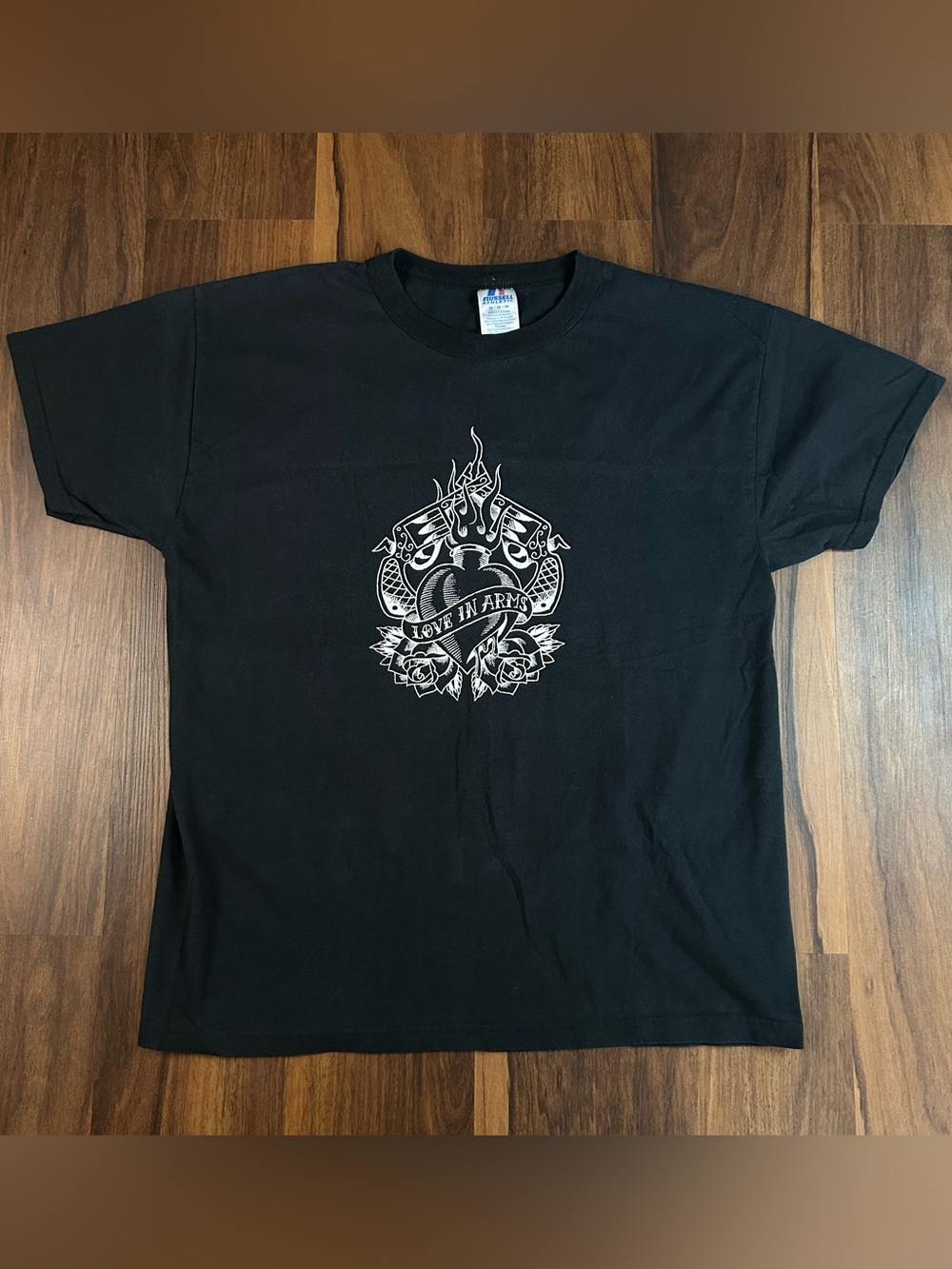 Vintage Y2K Russell Athletic Black Short Sleeve Tee with White Heart Graphic